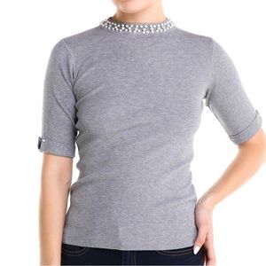Love Encounter Gray Embellished Pearl Collar Sweater Top